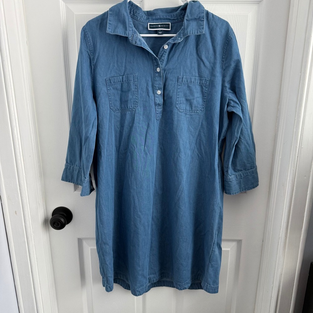 Karen Scott Womens Blue Denim Chambray Shift Shirt Dress Large 3/4 Sleeve Pocket